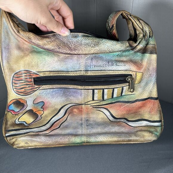 Anuschka Hand Painted Leather Crossbody Bag Artsy Colorful Shoulder Purse - Picture 2 of 10